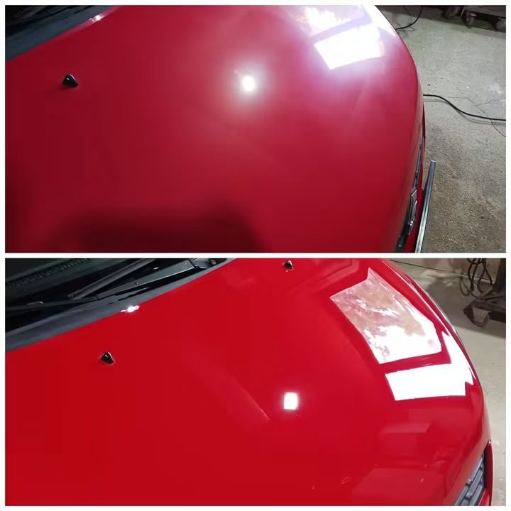 Poliranje automobila Zrenjanin – pre i posle, haube crveno vozilo